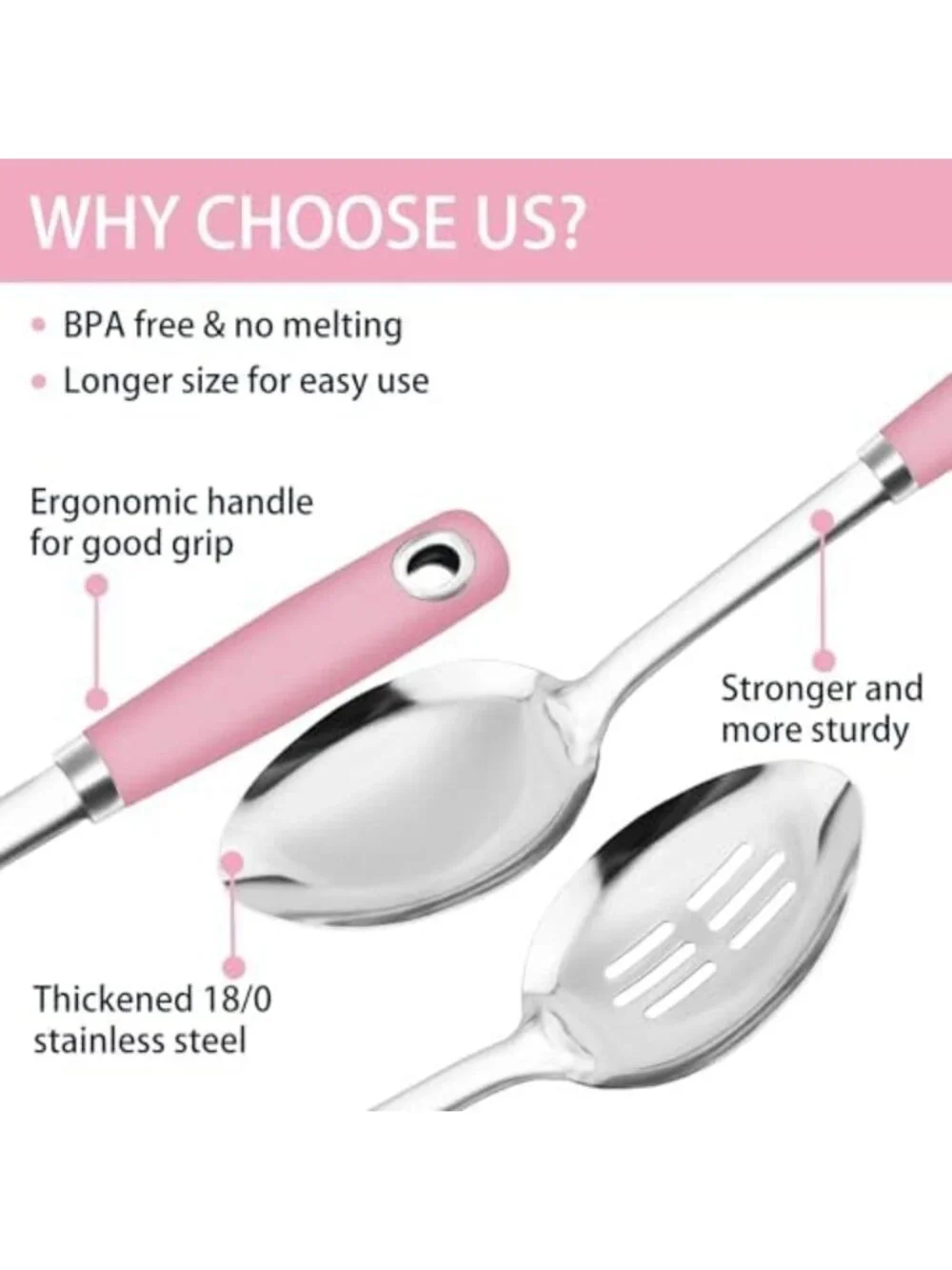 14-Piece Pink Cooking Spoon Set - Heavy Duty Stainless Steel, Slotted & Ladle